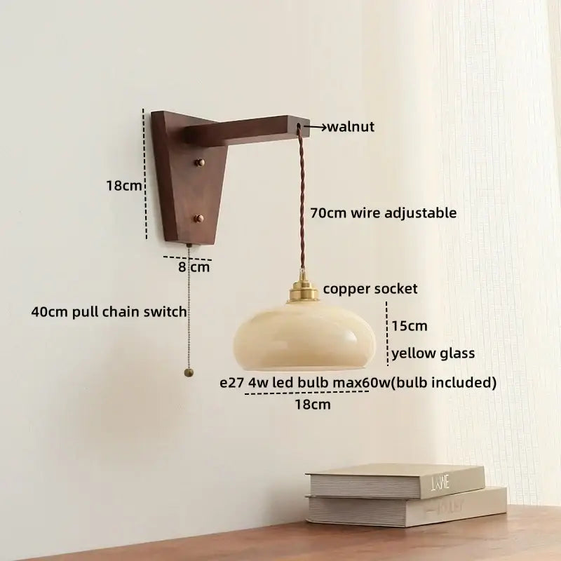 A warm cream-colored decorbites led glass sconce wall lamp with walnut bracket and copper socket for stair lighting