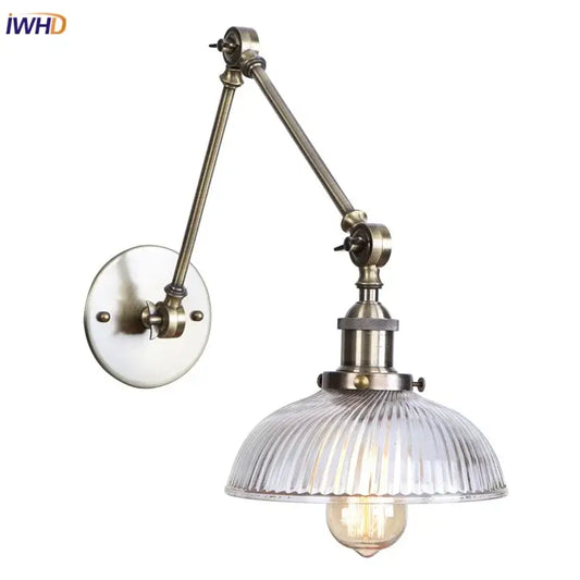 Antique brass decorbites led glass swing arm wall lamp with ribbed glass shade and exposed filament bulb for bedroom and bathroom