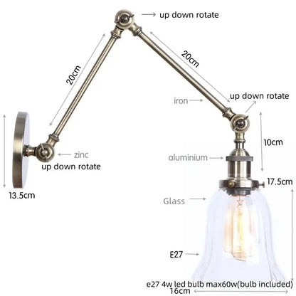 Adjustable industrial-style DecorBites LED glass swing arm wall lamp with brass zinc aluminum arm and glass bell shade with E27 bulb