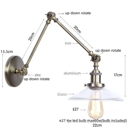Adjustable decorbites led glass swing arm wall lamp with zinc aluminum arm clear glass shade and e27 led bulb for bedroom