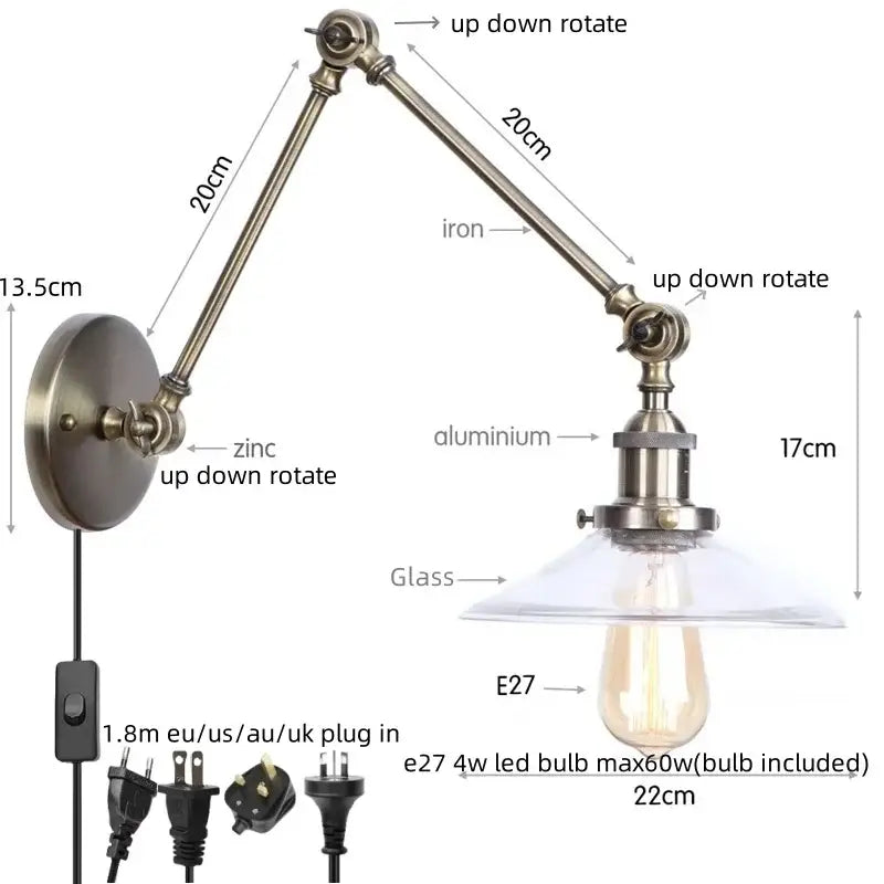 Adjustable decorbites led glass swing wall lamps with brass-finished iron arm and clear glass shade for bedroom and bathroom