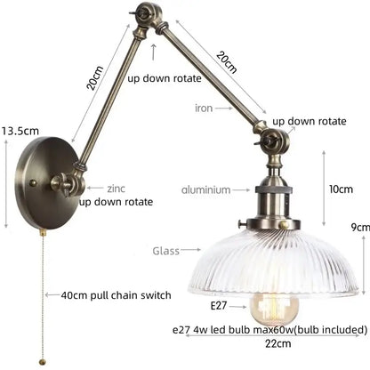 Industrial-style decorbites led glass swing arm wall lamp with brass frame ribbed glass shade e27 led bulb for bedroom and stairway