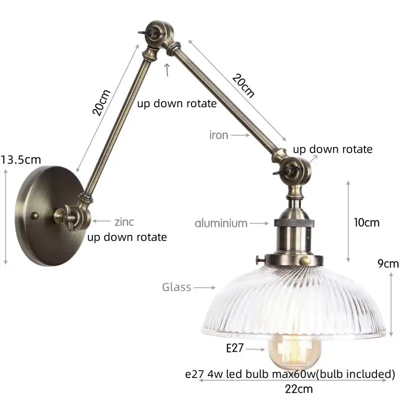 Adjustable vintage-style wall lamps with brass-finished iron and aluminum arm and ribbed glass shade by decorbites led glass swing