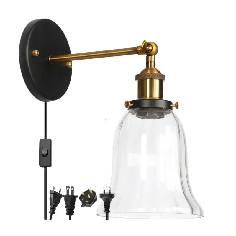 Industrial-style decorbites led glass wall lamp with black base brass arm and clear glass shade for home decor use
