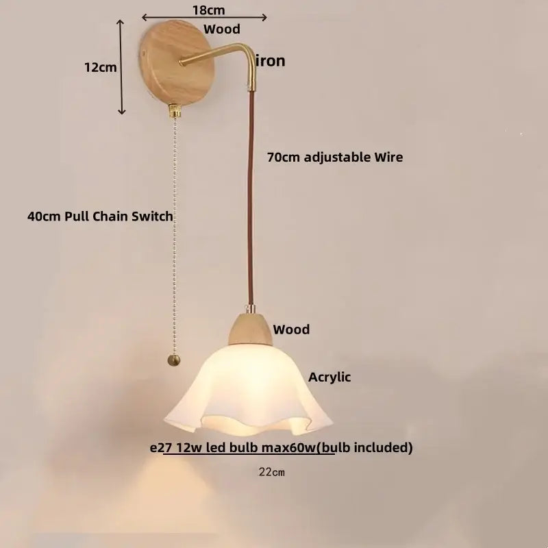 A warm-toned decorbites led glass wall lamp with wooden base brass iron arm acrylic shade for modern bedroom decor