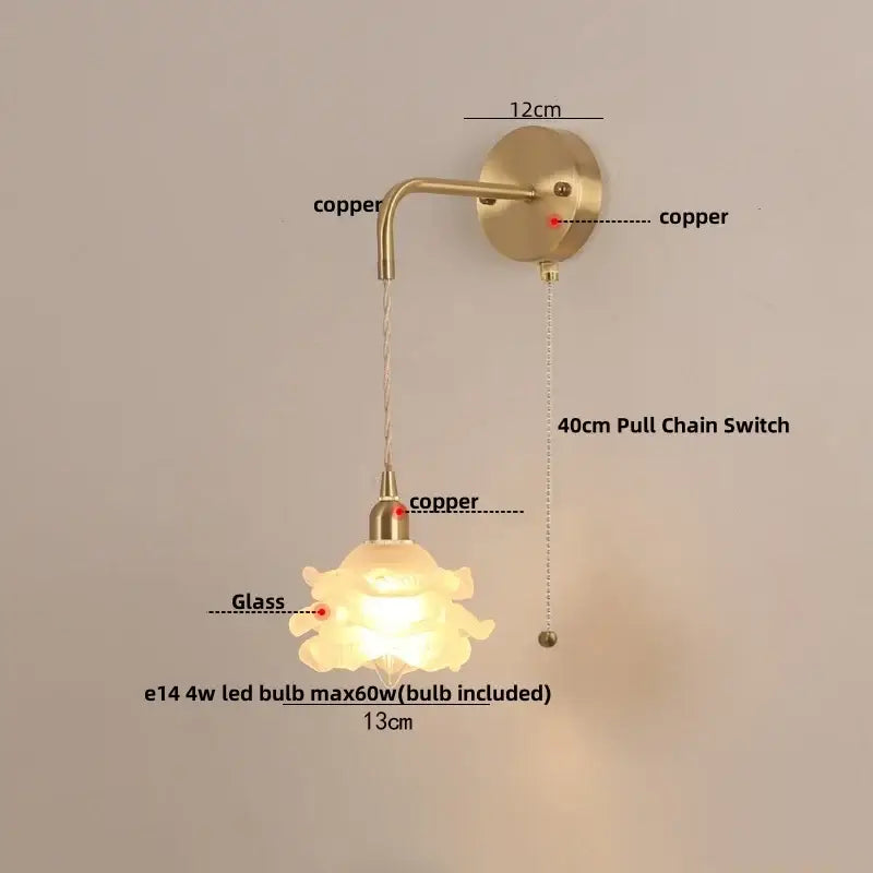 Copper-finished DecorBites led glass wall lamp with an abstract flower-shaped glass shade for modern bedroom decor