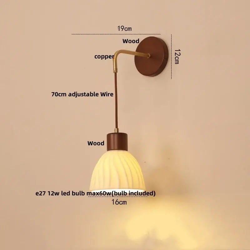 Decorbites led glass wall lamp with warm-toned ribbed glass shade wooden base and copper arm for modern bedroom use