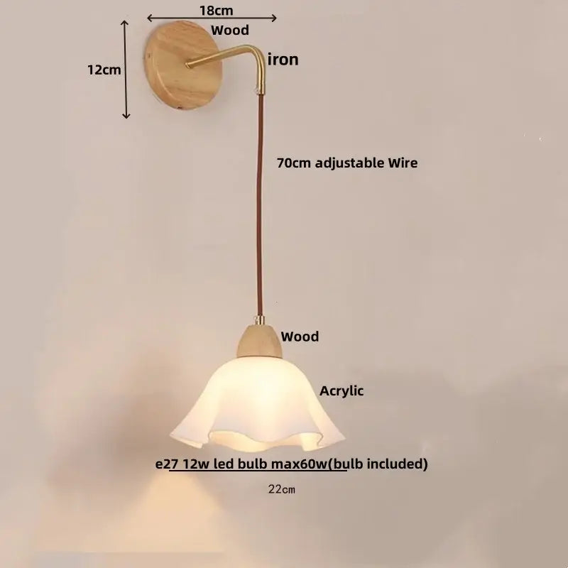 Decorbites led glass wall lamp features a warm-toned wooden base with a curved iron arm and acrylic bell-shaped shade