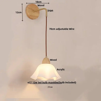 Decorbites led glass wall lamp features a warm-toned wooden base with a curved iron arm and acrylic bell-shaped shade