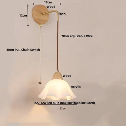 DecorBites™ led glass wall lamp with warm-toned wooden base brass arm and acrylic bell shade for modern decor