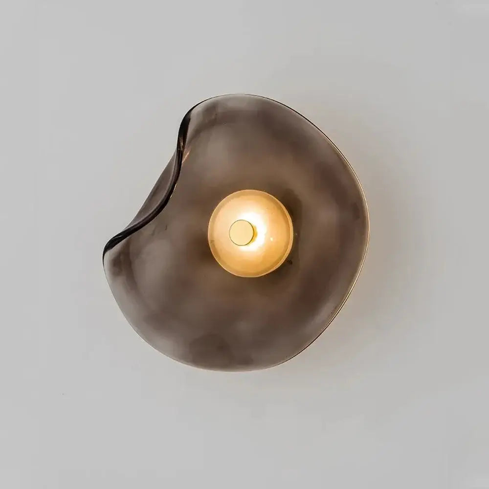 Decorbites™ led glass wall lamp with sleek dark smoked glass and warm golden bulb in a smooth organic curve