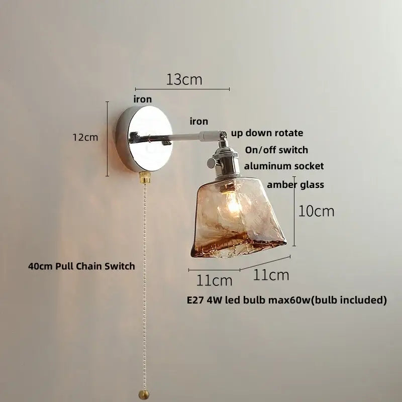 Vintage-style decorbites led glass wall light with polished iron base amber glass shade and adjustable arm bedside lamp