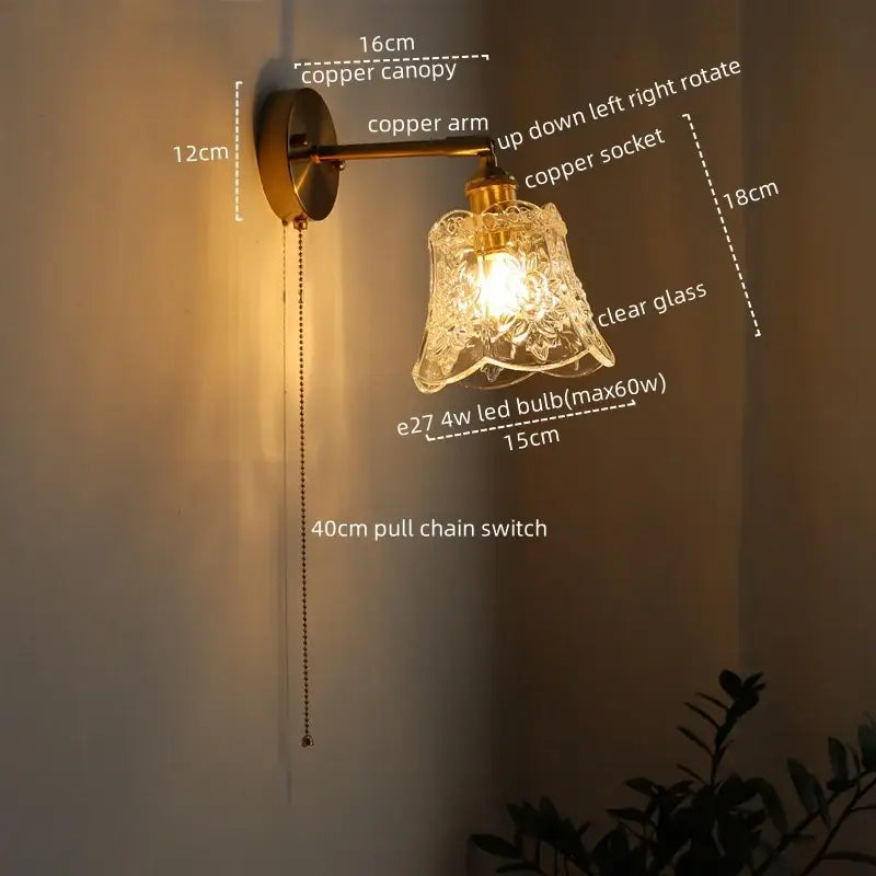 Copper DecorBites™ LED glass wall lights with clear floral-etched glass shade and 40cm pull chain switch for modern decor