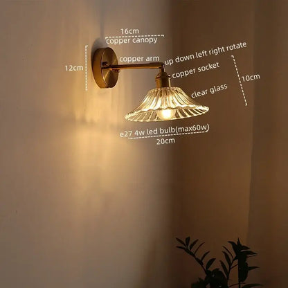 Copper-finished DecorBites LED glass wall lights with clear fluted glass shade and adjustable arm for modern decor