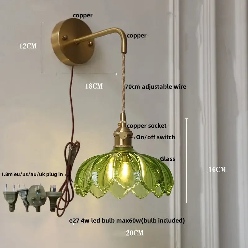 Vintage-style decorbites led glass wall light with copper arm and green flower-shaped glass shade with pull chain switch