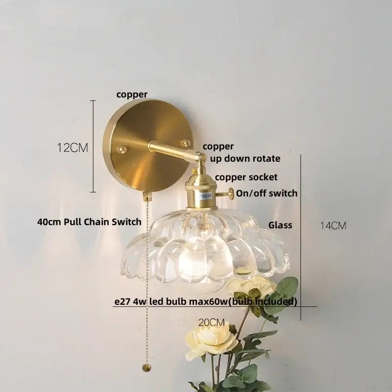 Vintage brass copper decorbites led glass wall light with clear petal-like glass shade and pull chain switch