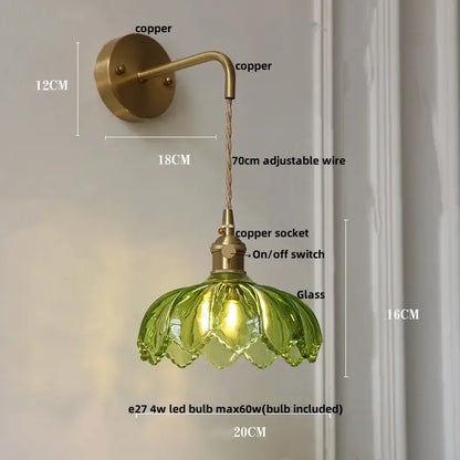 Decorbites led glass wall light with copper arm and green flower-shaped glass shade featuring adjustable wire
