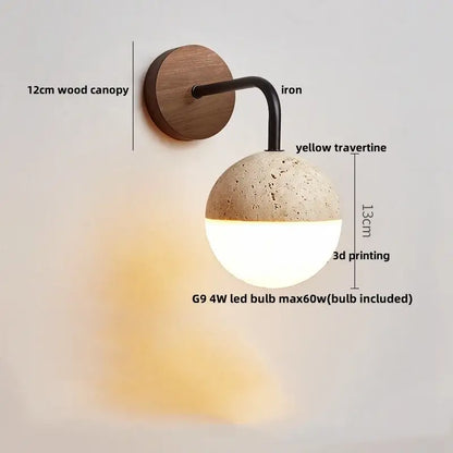 A modern decorbites led glass wall light with 12cm wood canopy black iron arm and yellow travertine shade for living room