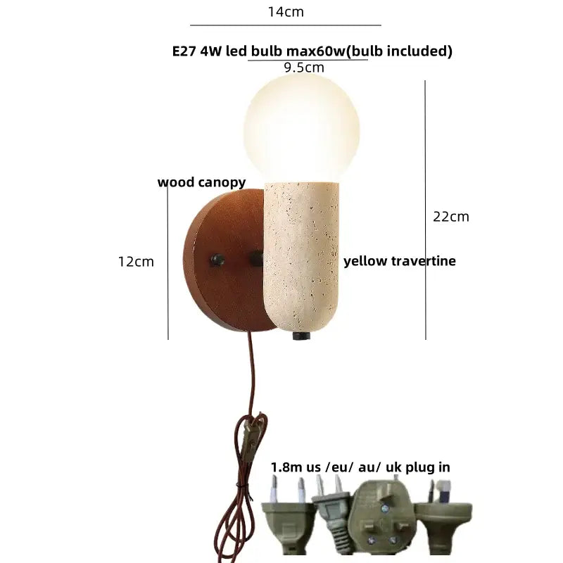 DecorBites led glass wall lights with a warm wood canopy yellow travertine body and e27 4w led bulb for living room