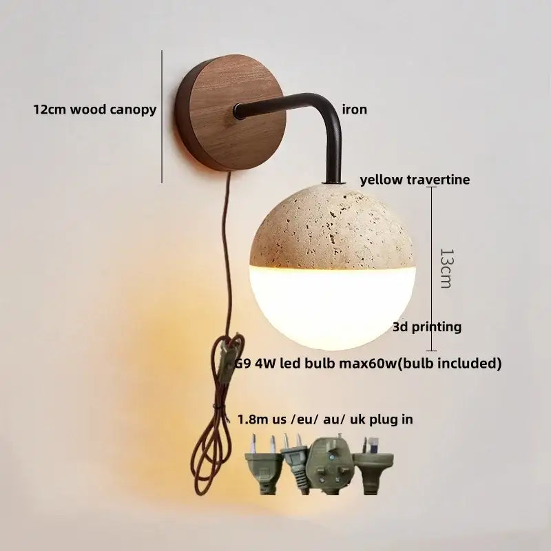 Modern decorbites led glass wall lights with black iron arm and yellow travertine spherical lampshade for living room