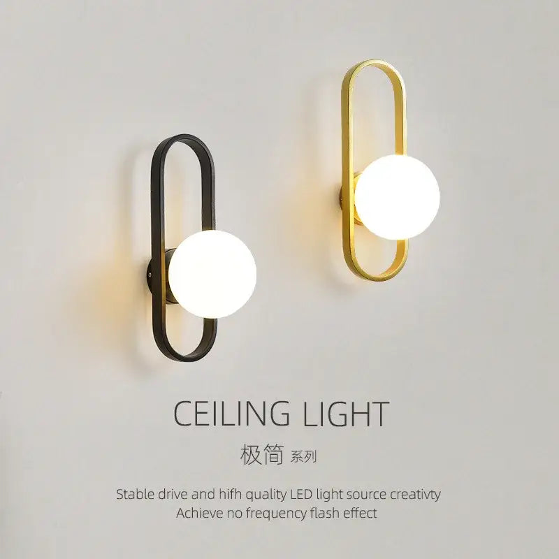 DecorBites™ modern minimalist wall sconce lamp with sleek curved metal frame and round white LED bulbs for bedroom and living room