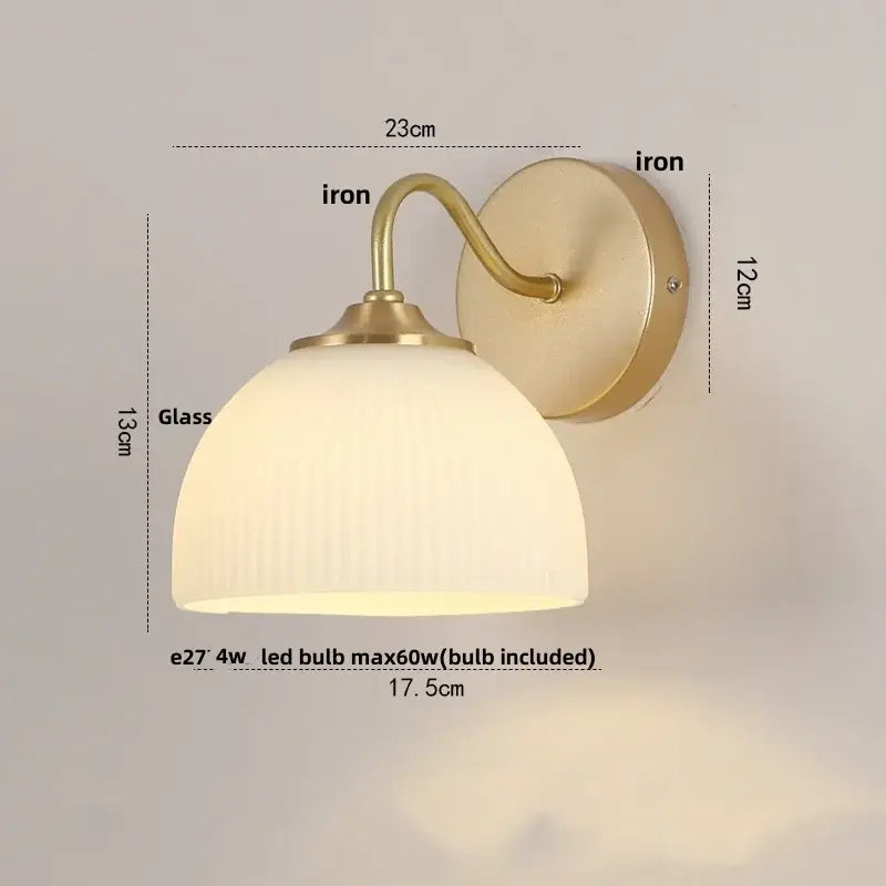 Decorbites led glass wall sconce with warm brass iron frame and ribbed glass shade for modern stair lighting