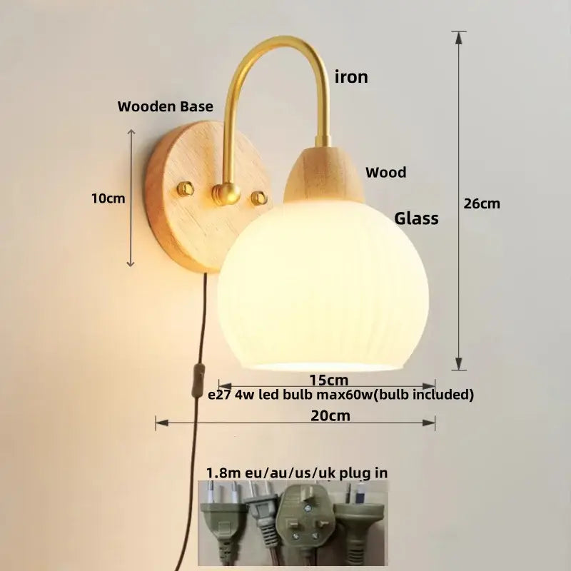 Warm-toned decorbites led glass wall sconce with wooden base and brass iron arm for modern stair lighting fixtures