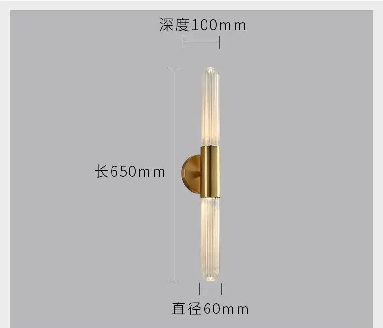 Gold-toned decorbites led glass wall sconces with two vertical glass tubes and cylindrical brass mounting bracket