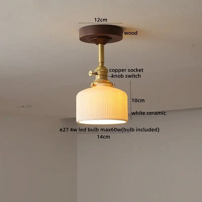 Vintage style ceiling lamp with dark wood base white ribbed ceramic shade and brass decorbites led glass wood socket