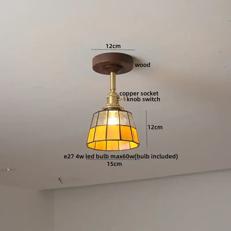 DecorBites led glass wood ceiling lamp with warm amber stained glass pendant light and brass hardware for indoor lighting