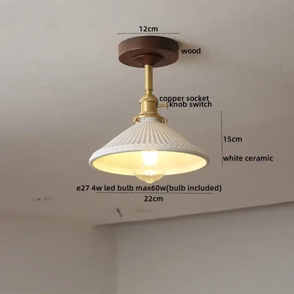 White ceramic pendant ceiling lamp with fluted design brass copper socket on dark wood plate decorbites led glass wood