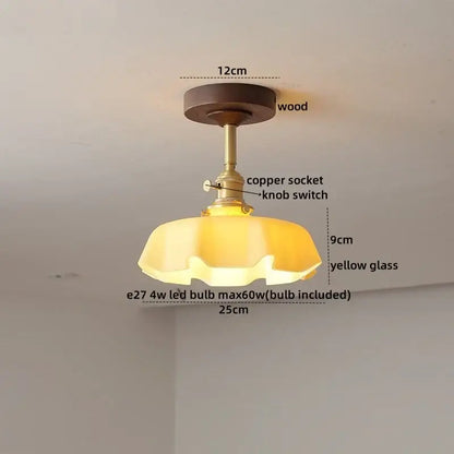 Decorbites led glass wood ceiling lamp with wooden base copper knob switch and yellow glass shade for modern indoor lighting
