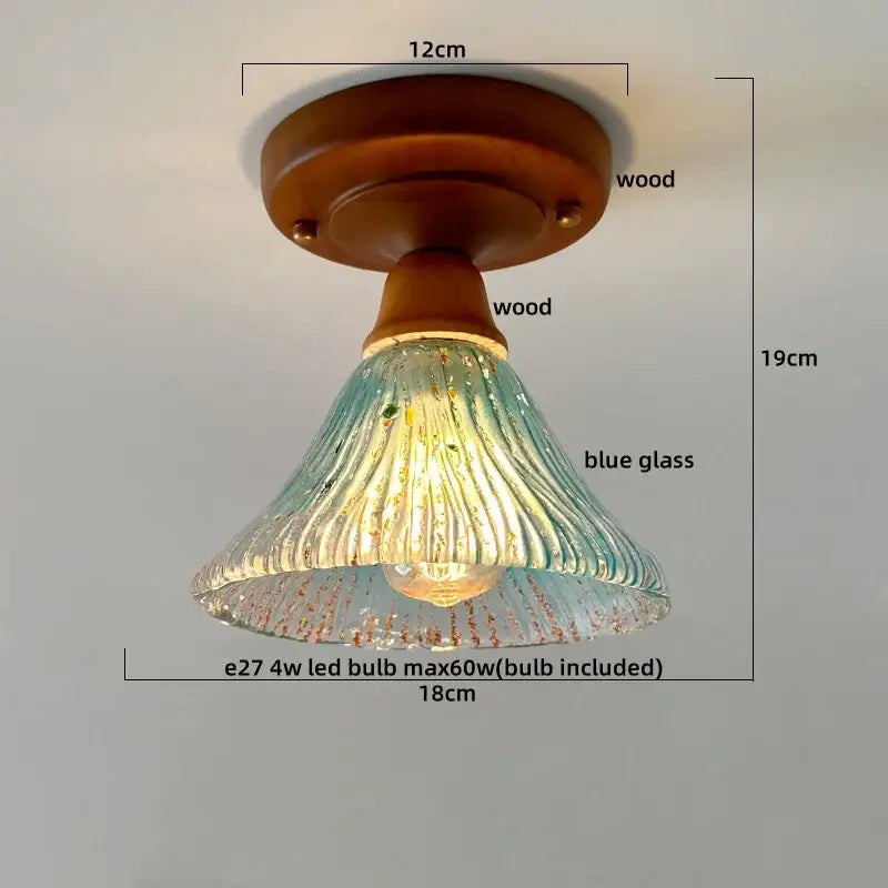 DecorBites led glass wood ceiling light with warm wood base and translucent blue ridged glass shade for living room