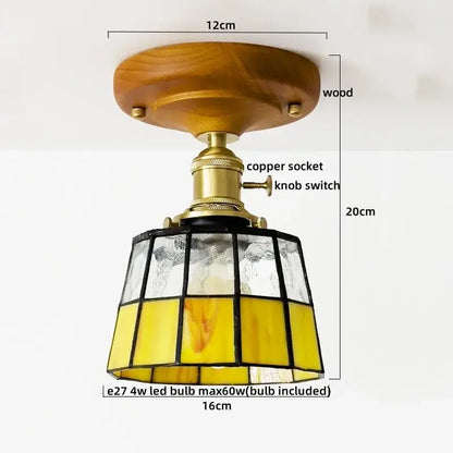 Vintage-style decorbites led glass wood ceiling light with amber stained glass shade and brass-finished socket on wood base