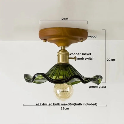 DecorBites™ LED glass wood ceiling light with green wavy glass shade, wooden base, and brass knob switch for living room