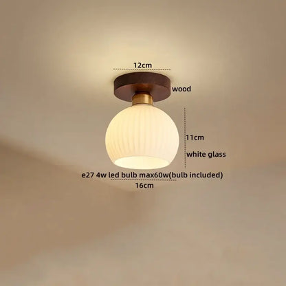 DecorBites led glass wood ceiling light round white glass pendant with wooden base and brass accents for living room