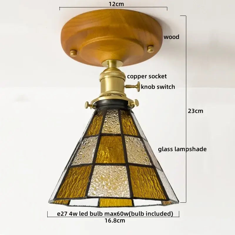 DecorBites led glass wood ceiling light with amber frosted stained glass shade wooden base and brass knob switch