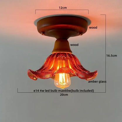 Decorbites led glass wood ceiling light warm amber flower-shaped pendant with wooden base and e14 led bulb for living room