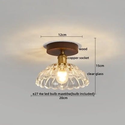 DecorBites™ led glass wood ceiling light with dark wood base brass socket and clear petal-patterned glass shade for living room