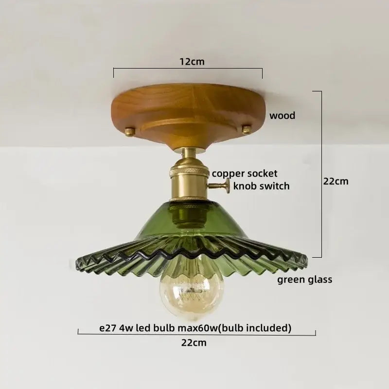 Decorbites led glass wood ceiling light with warm wood base brass copper socket and green scalloped glass shade for living room