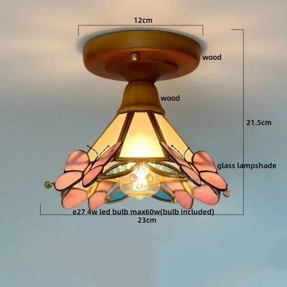 Decorbites led glass wood ceiling light with pink butterfly motifs and wooden base for modern living room decor