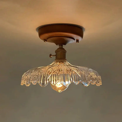 Vintage-style decorbites led glass wood ceiling light with warm brass base and clear ridged glass shade for living room