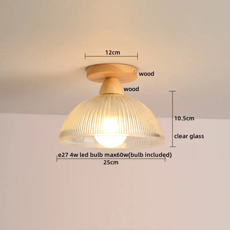 DecorBites LED glass wood ceiling light with warm wood base and clear ribbed glass shade for living room decor