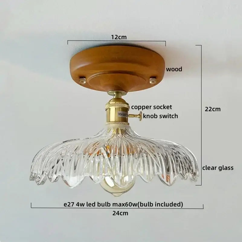 Decorbites led glass wood ceiling light with fluted clear glass pendant and warm wood mount for living room