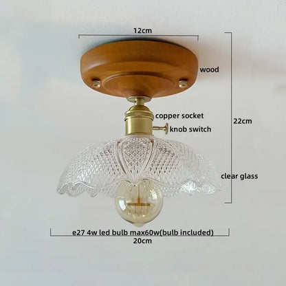 DecorBites™ led glass wood ceiling light with warm wood base brass copper socket and clear diamond cut glass shade
