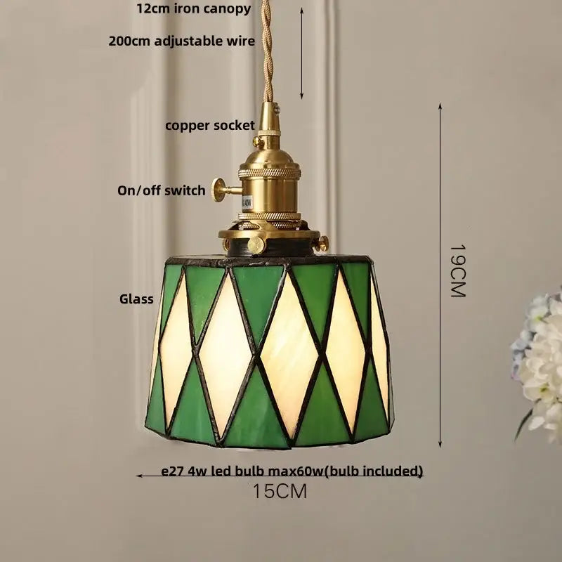 DecorBites led glass green and cream diamond-patterned wood pendant lamp with brass hardware for vintage lighting