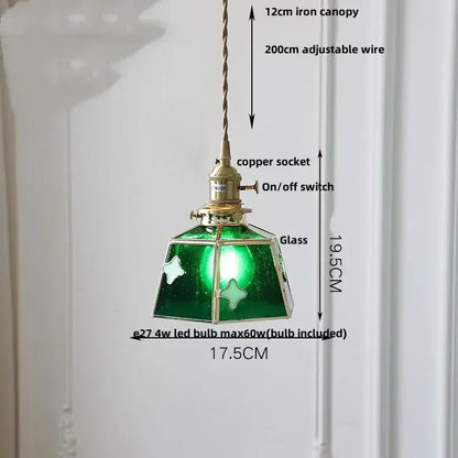 Green glass DecorBites LED glass pendant lamp with brass accents and twisted iron canopy wood pendant lamp