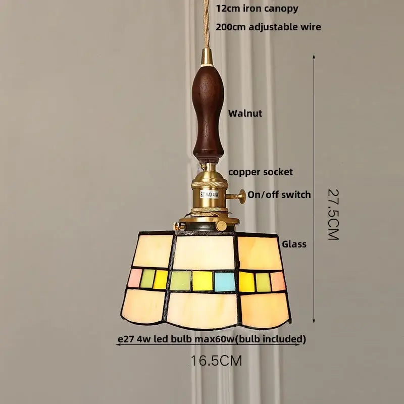 Decorbites led glass wood pendant lamp with vintage copper hanging lights featuring colorful stained glass panels and walnut handle