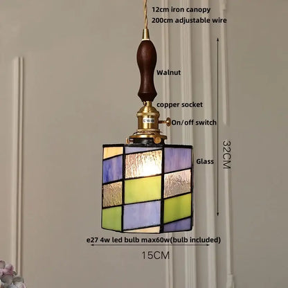 DecorBites LED glass and wood pendant lamp with walnut handle brass hardware and colorful stained glass panels in purple green yellow and gold
