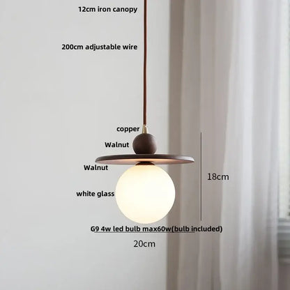 Decorbites™ led glass and wood pendant light with copper iron canopy walnut accents warm white globe for living room